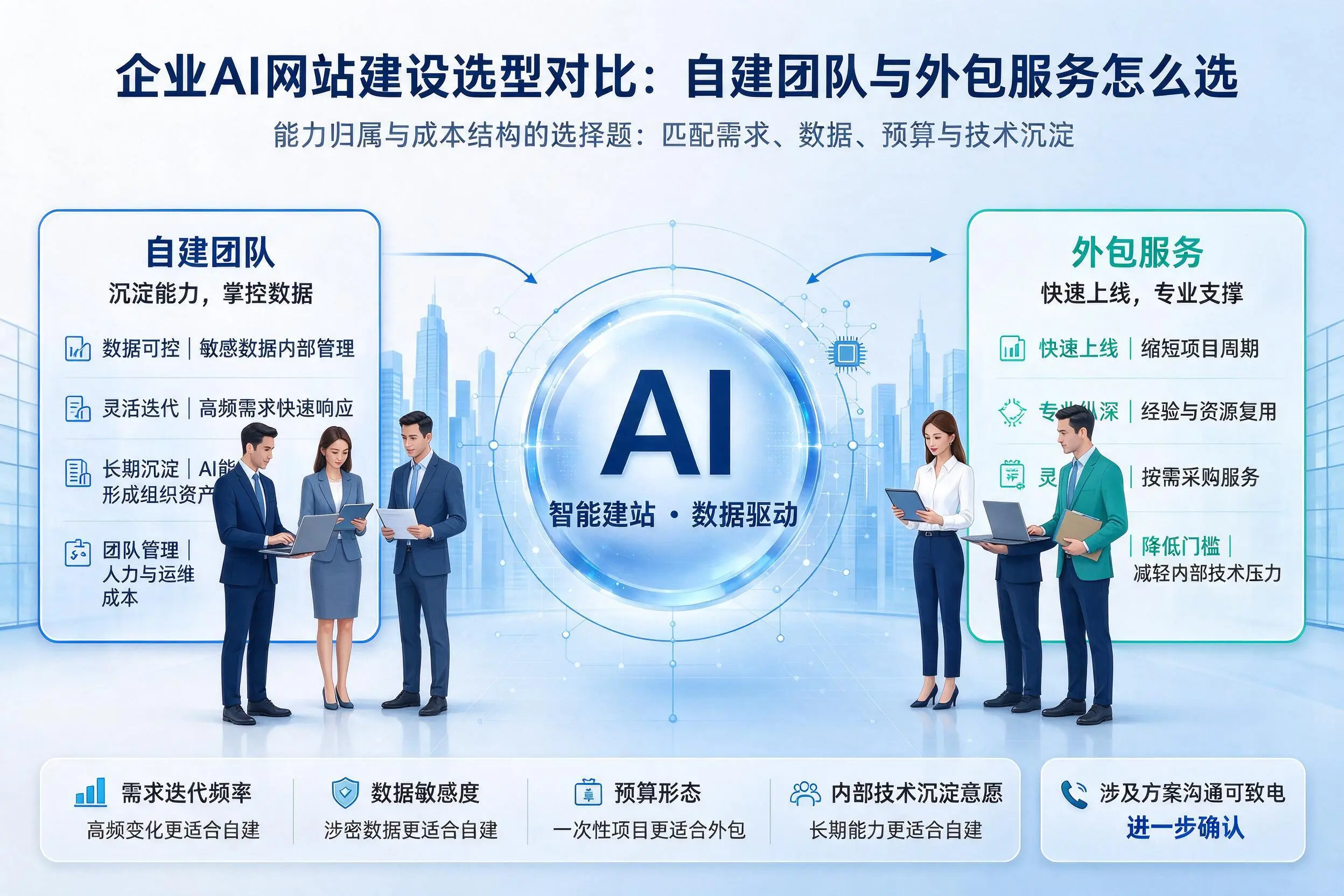 安徽企业AI网站建设选型对比：自建团队与外包服务怎么选